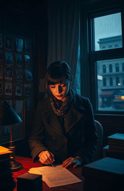 A female detective in a moody, dimly lit office, surrounded by old case files and photographs pinned to a corkboard