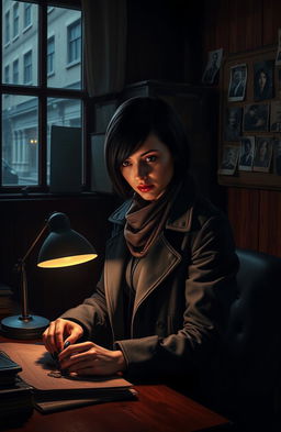 A female detective in a moody, dimly lit office, surrounded by old case files and photographs pinned to a corkboard