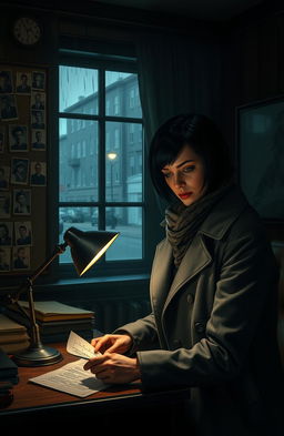 A female detective in a moody, dimly lit office, surrounded by old case files and photographs pinned to a corkboard