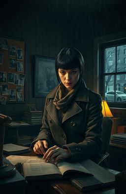 A female detective in a moody, dimly lit office, surrounded by old case files and photographs pinned to a corkboard