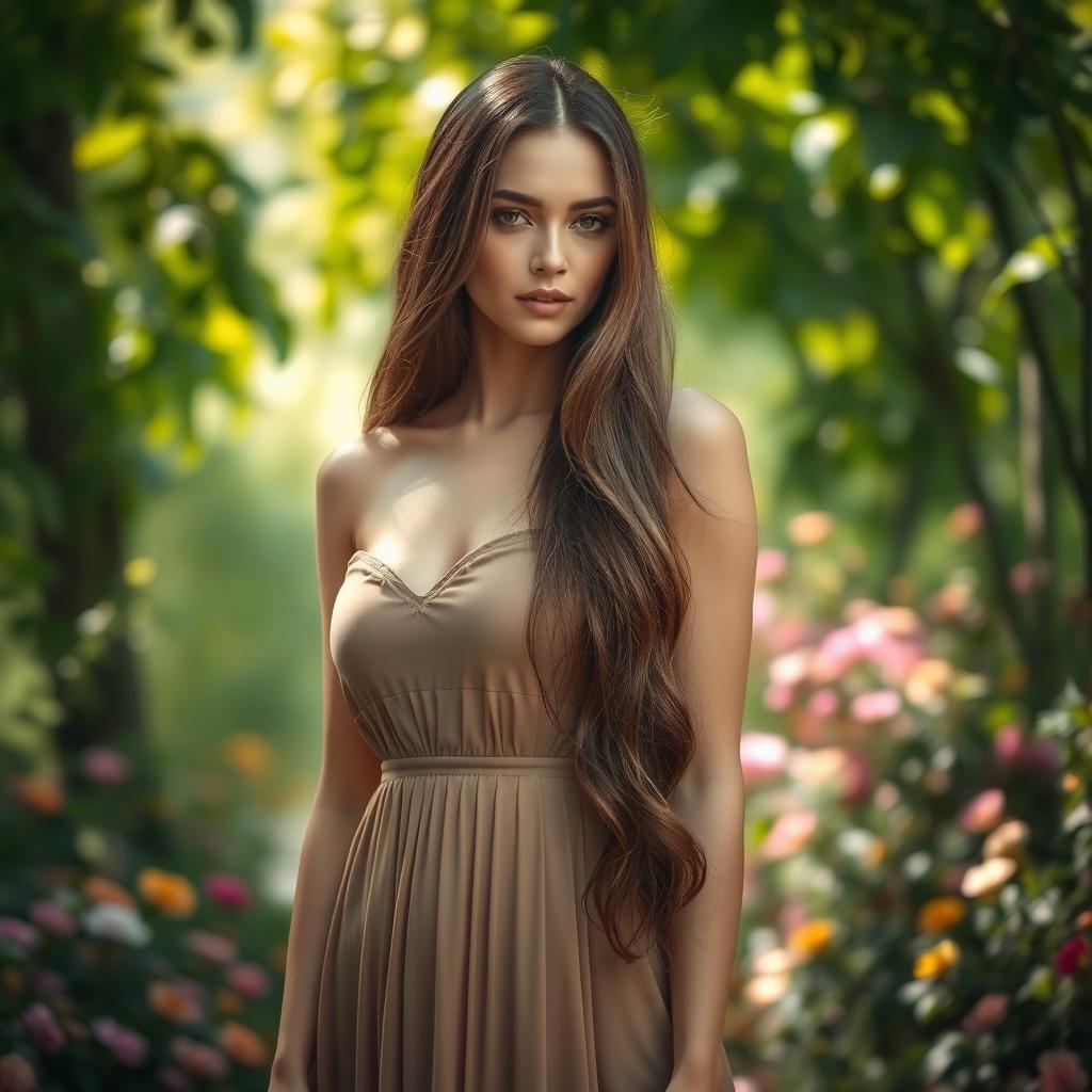 A stunningly beautiful woman with long flowing brown hair, standing confidently in a lush natural setting