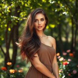 A stunningly beautiful woman with long flowing brown hair, standing confidently in a lush natural setting