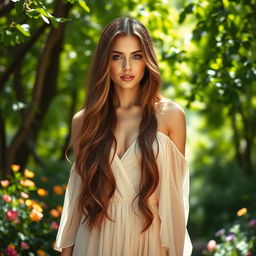 A stunningly beautiful woman with long flowing brown hair, standing confidently in a lush natural setting