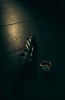 A gun lying on the left side of a dimly lit floor, casting faint shadows