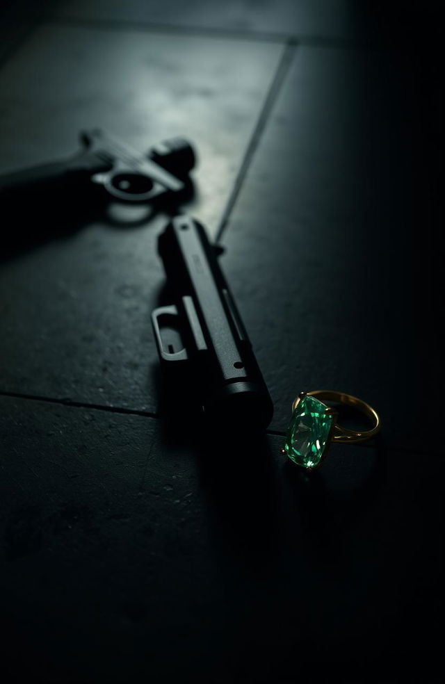 A gun lying on the left side of a dimly lit floor, casting faint shadows