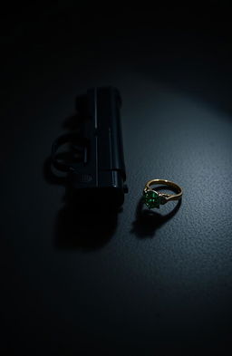 A gun lying on the left side of a dimly lit floor, casting faint shadows