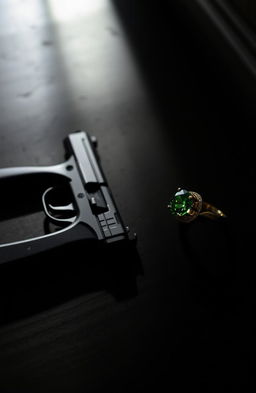 A gun lying on the left side of a dimly lit floor, casting faint shadows