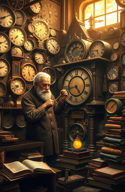 An intricate, steampunk-inspired clockmaker's workshop filled with vintage clocks of all sizes and designs