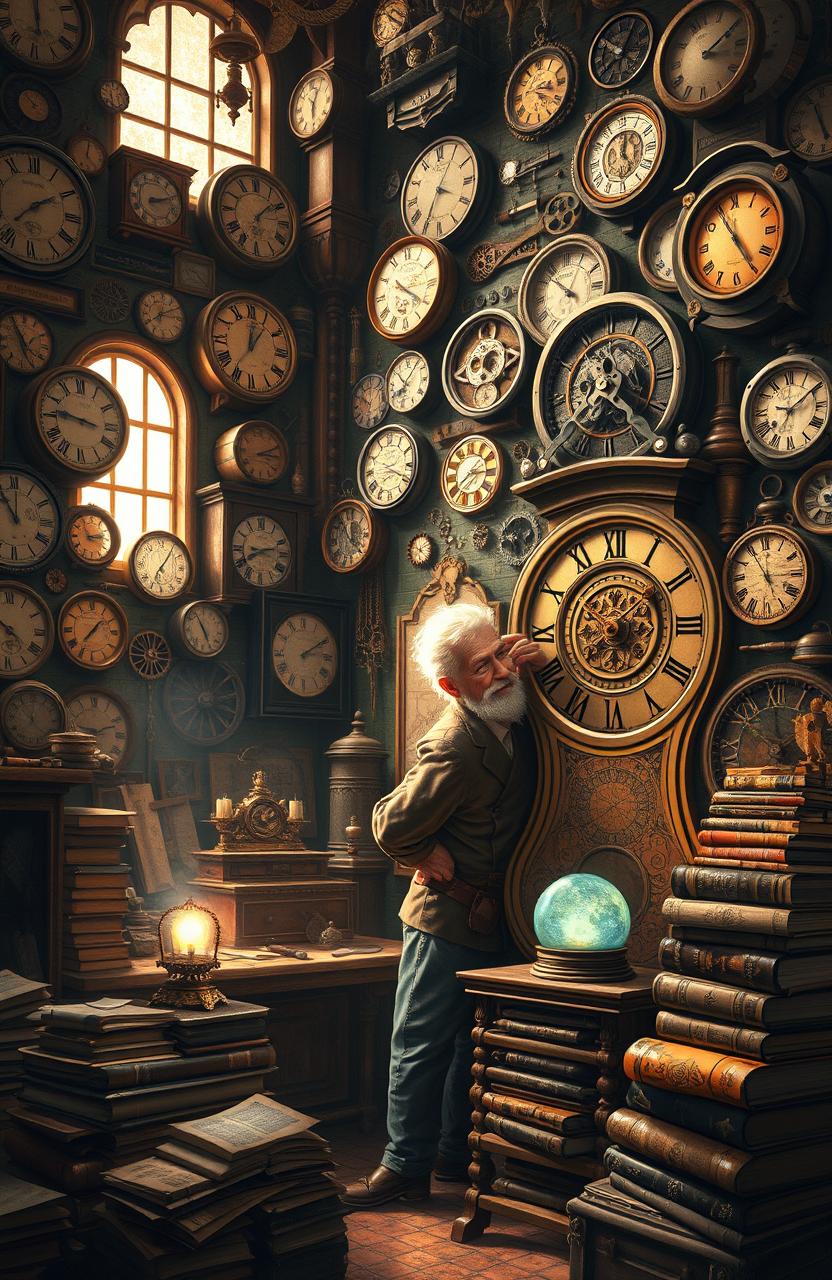 An intricate, steampunk-inspired clockmaker's workshop filled with vintage clocks of all sizes and designs