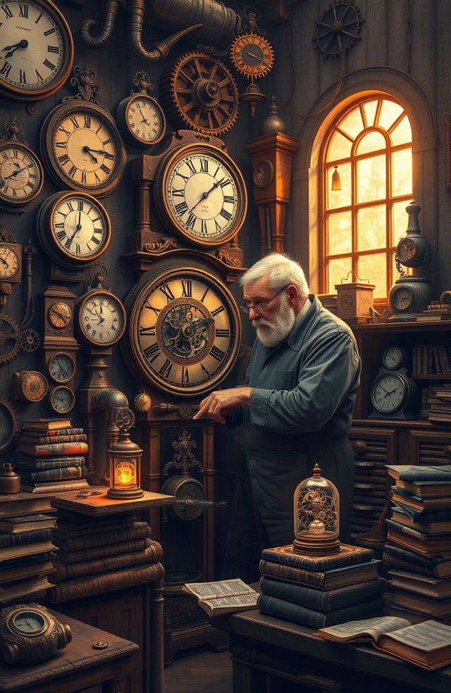 An intricate, steampunk-inspired clockmaker's workshop filled with vintage clocks of all sizes and designs