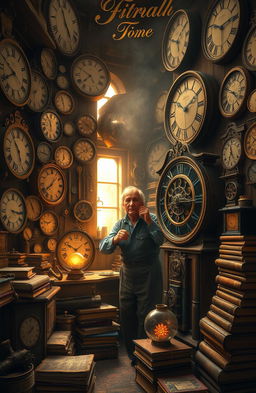 An intricate, steampunk-inspired clockmaker's workshop filled with vintage clocks of all sizes and designs
