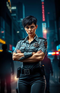 A fierce female police officer in a dramatic urban setting, wearing a stylish yet functional police uniform, standing confidently with her arms crossed