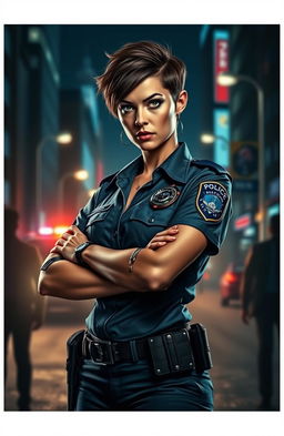 A fierce female police officer in a dramatic urban setting, wearing a stylish yet functional police uniform, standing confidently with her arms crossed