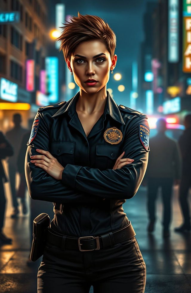 A fierce female police officer in a dramatic urban setting, wearing a stylish yet functional police uniform, standing confidently with her arms crossed