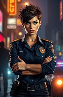 A fierce female police officer in a dramatic urban setting, wearing a stylish yet functional police uniform, standing confidently with her arms crossed