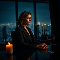 A mature psychological thriller scene set in a dimly lit, luxurious office