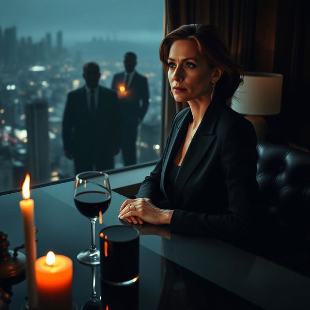 A mature psychological thriller scene set in a dimly lit, luxurious office