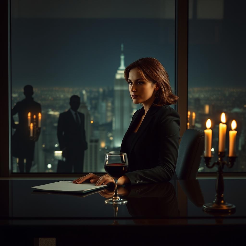 A mature psychological thriller scene set in a dimly lit, luxurious office