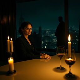 A mature psychological thriller scene set in a dimly lit, luxurious office