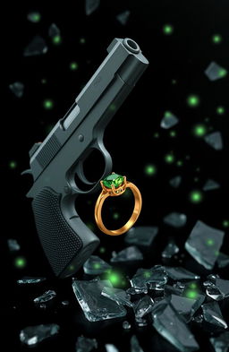 A magical scene featuring a black background with a gun and a gold ring set with a green diamond, both appearing to float elegantly next to each other