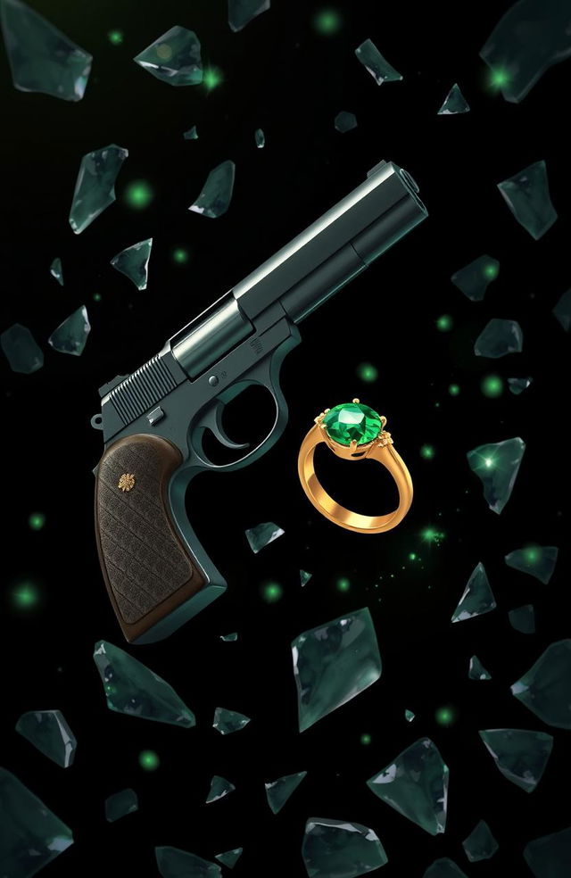 A magical scene featuring a black background with a gun and a gold ring set with a green diamond, both appearing to float elegantly next to each other