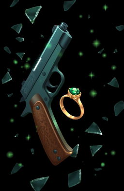 A magical scene featuring a black background with a gun and a gold ring set with a green diamond, both appearing to float elegantly next to each other