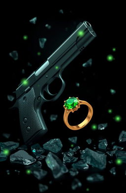 A magical scene featuring a black background with a gun and a gold ring set with a green diamond, both appearing to float elegantly next to each other