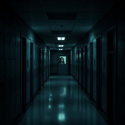 An eerie yet compelling depiction of a psychiatric unit corridor, featuring dimly lit rooms with locked doors and muted colors