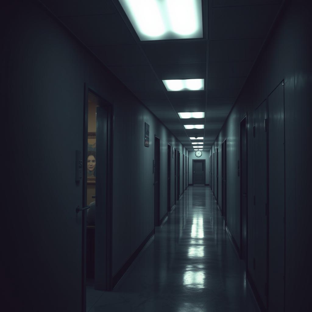 An eerie yet compelling depiction of a psychiatric unit corridor, featuring dimly lit rooms with locked doors and muted colors