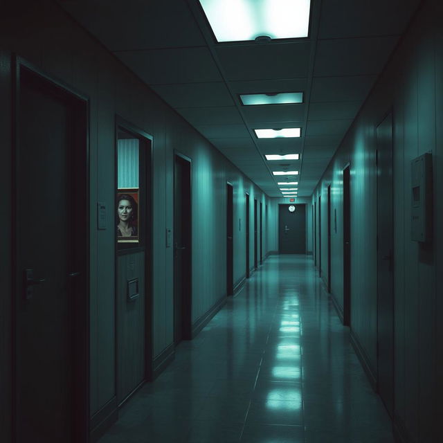 An eerie yet compelling depiction of a psychiatric unit corridor, featuring dimly lit rooms with locked doors and muted colors