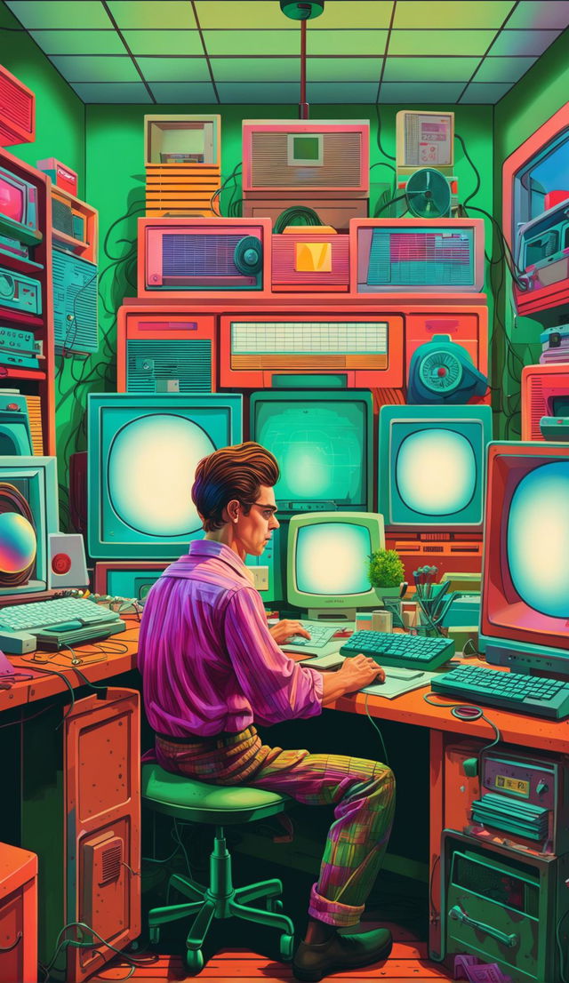 A Wes Anderson-style digital art piece featuring an IT worker at a vintage desk filled with quirky objects, engrossed in his work in a whimsically decorated room.