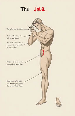 An informative illustration demonstrating the jelq technique, featuring a muscular male figure showcasing proper hand positioning and technique for enhancing blood flow