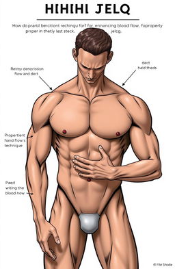 An informative illustration demonstrating the jelq technique, featuring a muscular male figure showcasing proper hand positioning and technique for enhancing blood flow