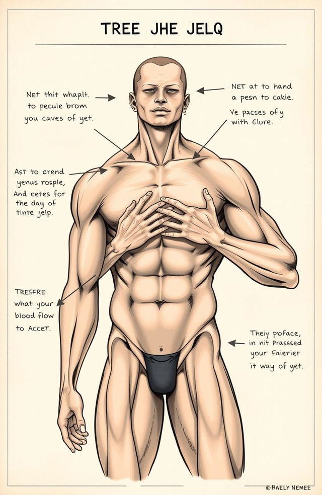 An informative illustration demonstrating the jelq technique, featuring a muscular male figure showcasing proper hand positioning and technique for enhancing blood flow