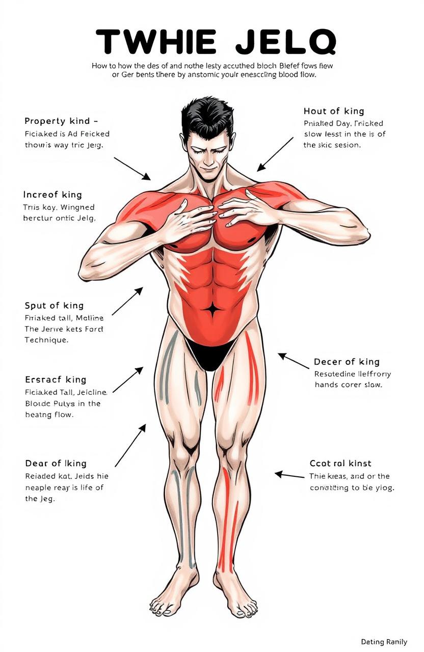 An informative illustration demonstrating the jelq technique, featuring a muscular male figure showcasing proper hand positioning and technique for enhancing blood flow