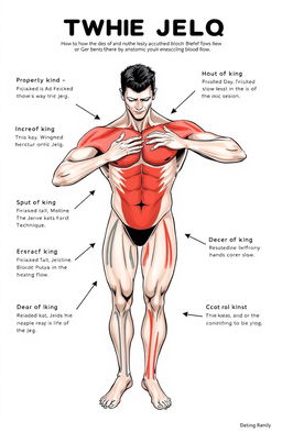 An informative illustration demonstrating the jelq technique, featuring a muscular male figure showcasing proper hand positioning and technique for enhancing blood flow