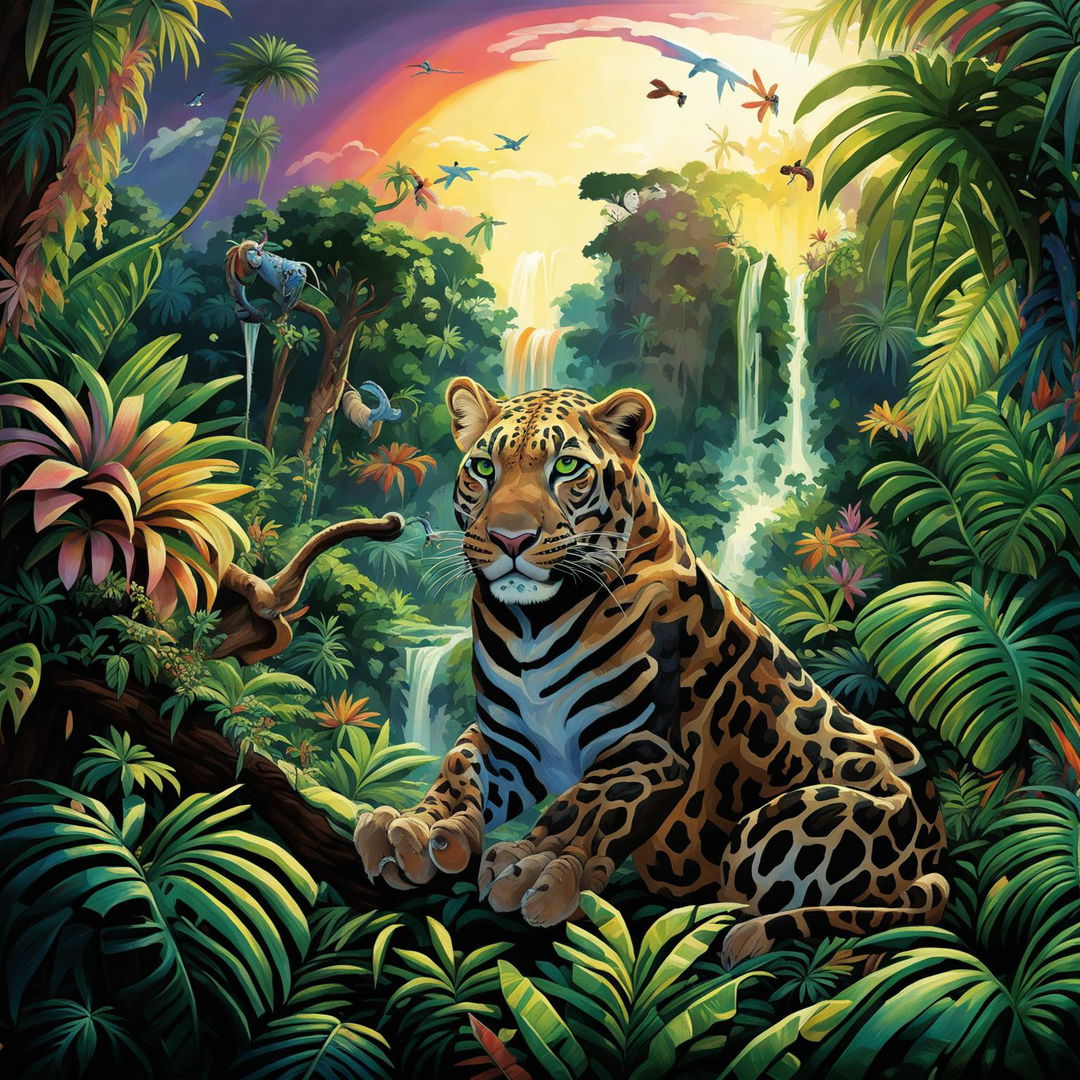 A Pixar-style scene featuring a leopard in a vibrant African jungle filled with colorful flora and fauna.