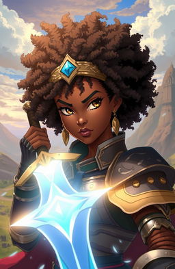 An anime-inspired African American girl with a beautifully styled Afro, wearing intricate armor that combines traditional and futuristic designs