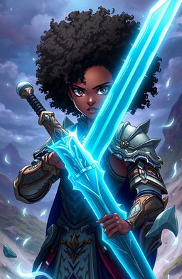 An anime-inspired African American girl with a beautifully styled Afro, wearing intricate armor that combines traditional and futuristic designs