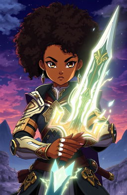 An anime-inspired African American girl with a beautifully styled Afro, wearing intricate armor that combines traditional and futuristic designs