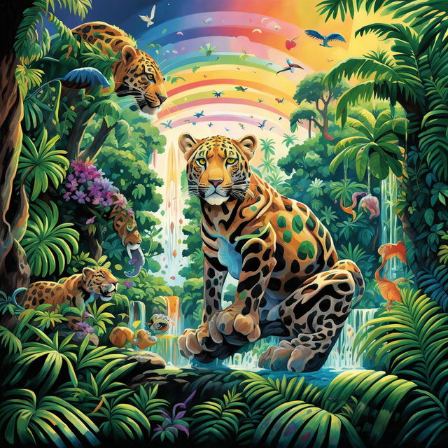 A classic Pixar-style scene of a leopard in a vibrant African jungle, filled with animated flora and fauna.