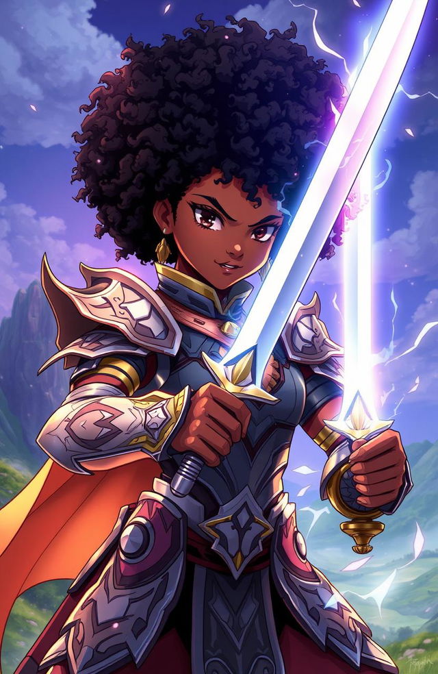 An anime-inspired African American girl with a beautifully styled Afro, wearing intricate armor that combines traditional and futuristic designs