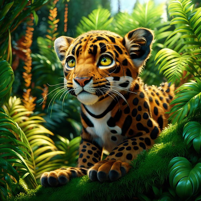 A vibrant Pixar-style scene featuring a cute leopard in a lush jungle, radiating happy vibes.