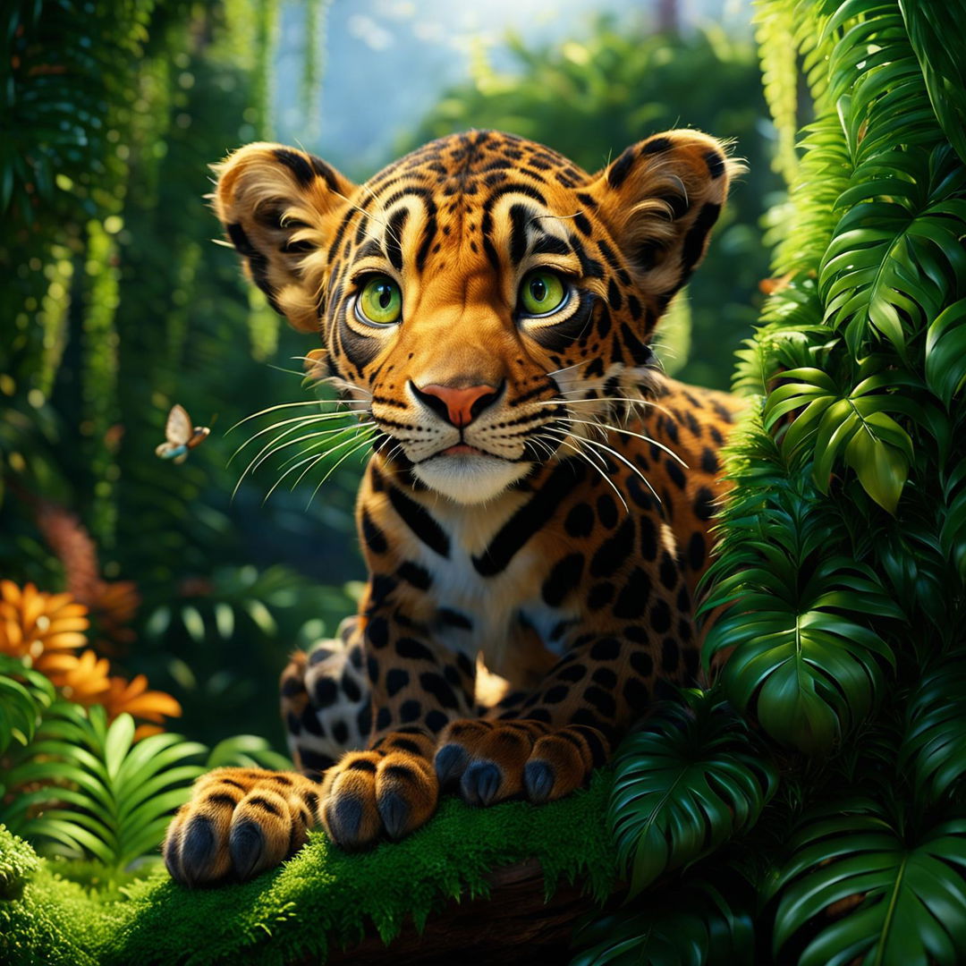 A Pixar-inspired scene featuring a charming leopard in a lively jungle, embodying the joy and wonder of Pixar movies.