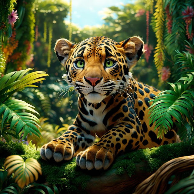 A delightful leopard in a bustling jungle scene, crafted in unmistakable Pixar style with hidden Easter eggs referencing popular Pixar movies.