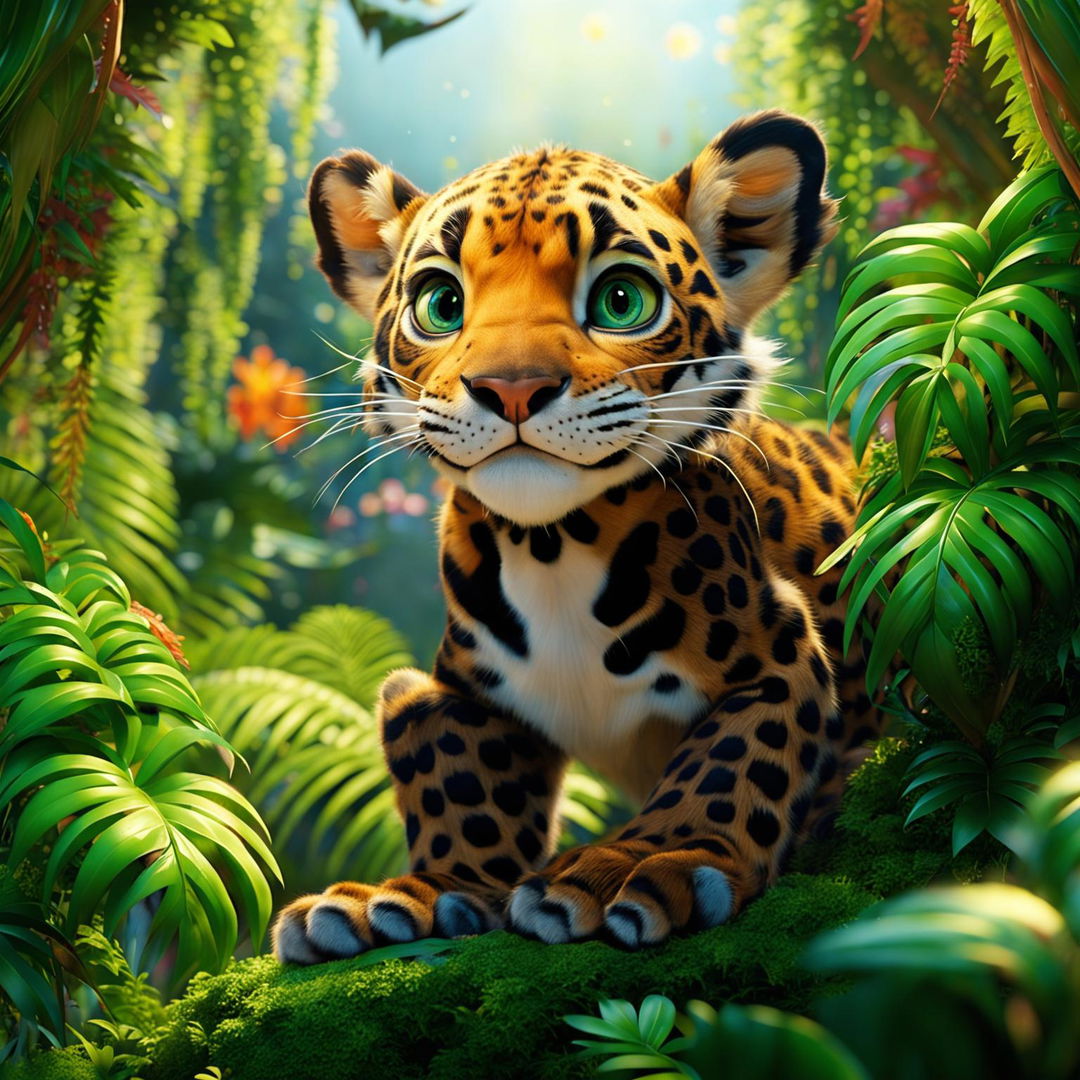 A Pixar-style scene featuring a charming leopard with exaggerated proportions in a lively jungle, filled with hidden Pixar movie references.