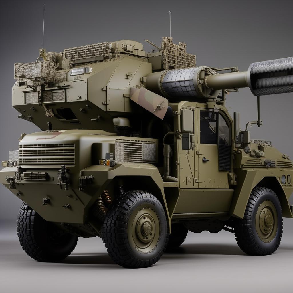 A state-of-the-art open-back military truck featuring radio antennae, showcasing advanced technology, rugged armor, and precise detail.