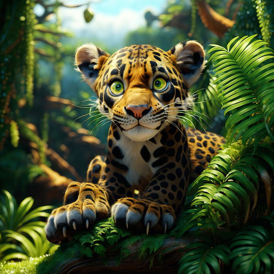 A scene straight out of a Pixar movie featuring an endearing leopard with exaggerated proportions in a lively jungle, filled with hidden Pixar movie references.