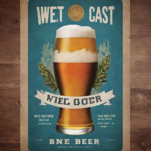 Design an eye-catching poster to advertise the new craft beer, 'West Coast Lager'. The poster should catch attention in taverns/restaurants, emphasizing the beer's newness on tap. Visuals should resonate with men aged 28-45 who earn a mid-high income, possibly have families, and enjoy fishing, camping, and the outdoors.