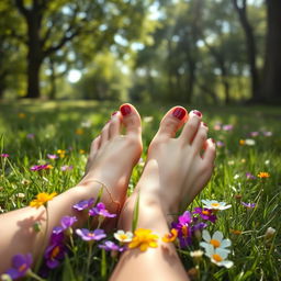 A close-up portrait of beautiful, well-groomed feet resting on a soft, grassy meadow